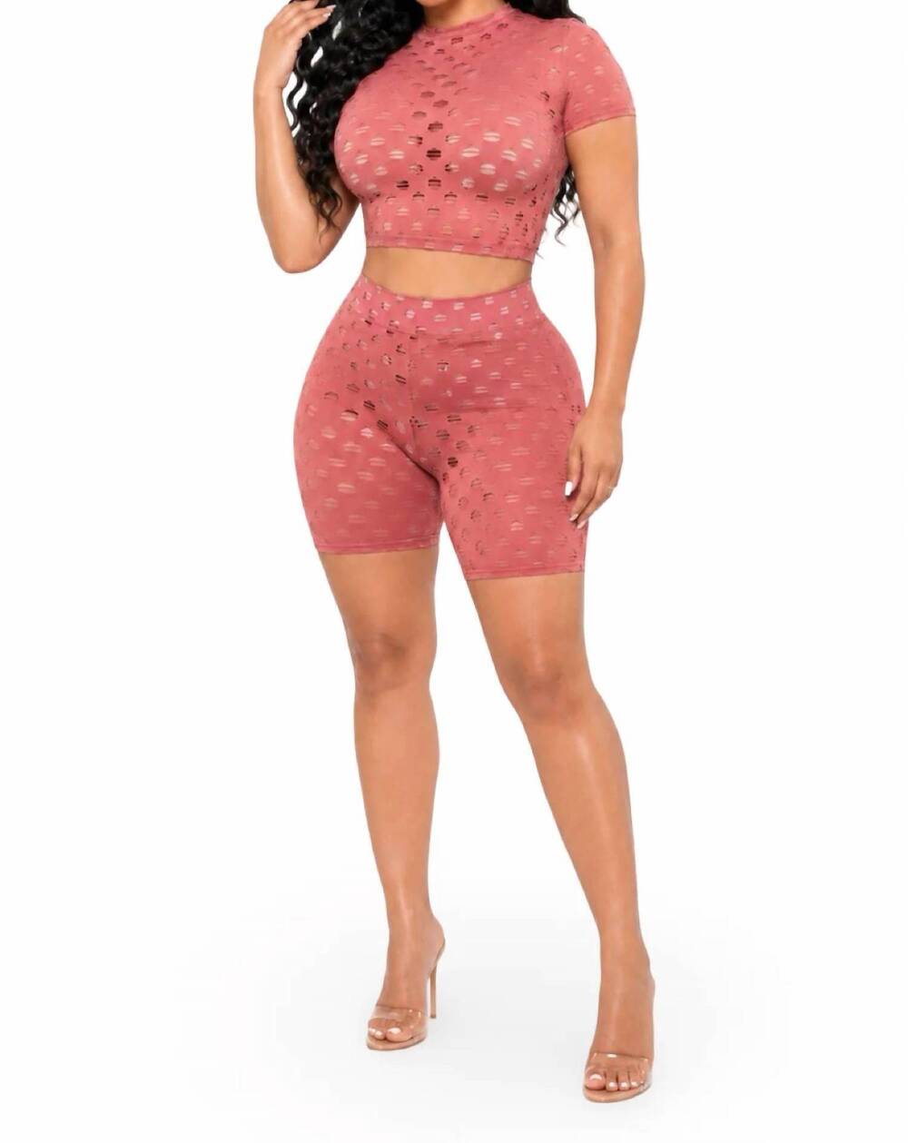 NEW HALF HEART too close matching distressed high waist biker short set in mauve
